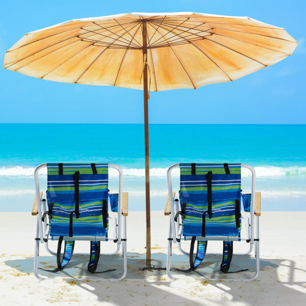 2 Pieces, Seat Height 7.9in, Width 17.7in, Depth 17.3in, Blue-green Horizontal Stripes Pattern, Iron Beach Chair, Steel Tube, Oxford Fabric, 120kg, 4-level Adjustment
